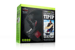 IFISH PRO ice fishing tip-up overview showing rugged base and bright flag for visibility.