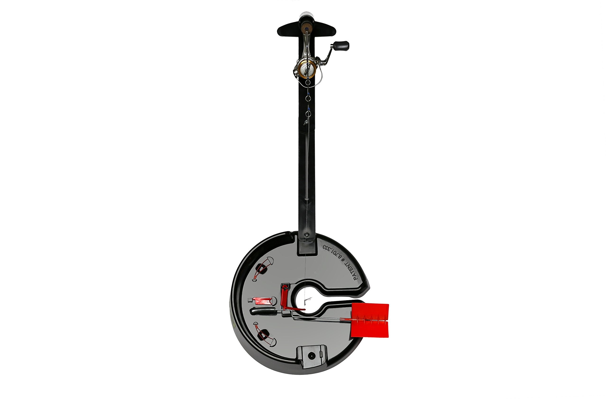 IFISH PRO tip-up base fitting over an ice auger hole for steady setup.