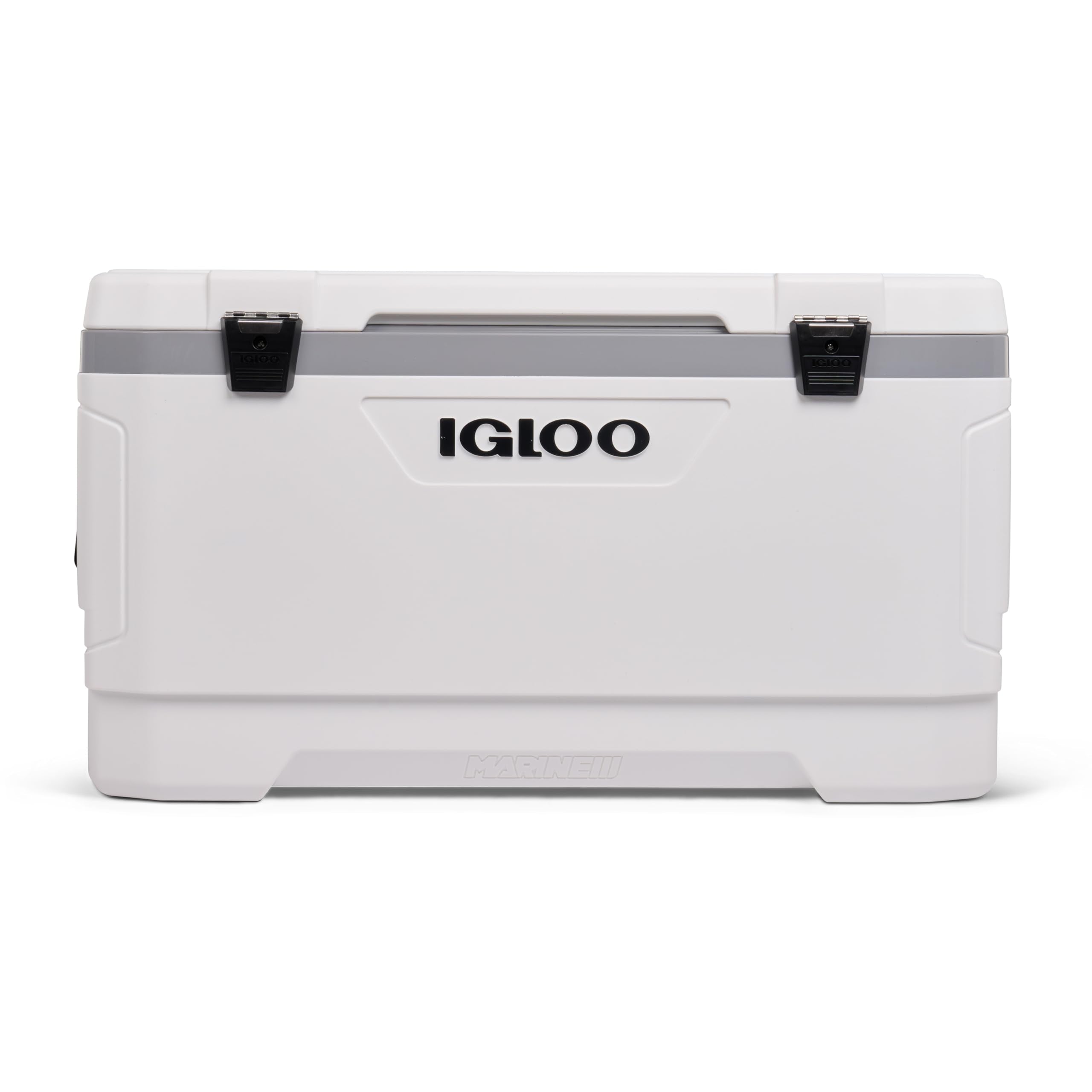 Igloo 100 Qt Latitude Marine Cooler front view shows rugged, UV-protected shell for outdoor use.