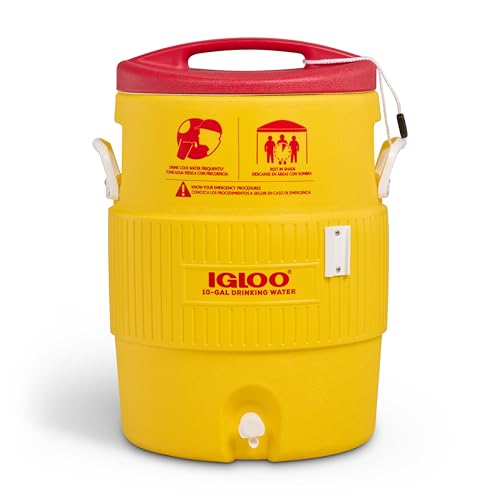 Igloo 10Gal water jug with side handles for glove-friendly lifting.