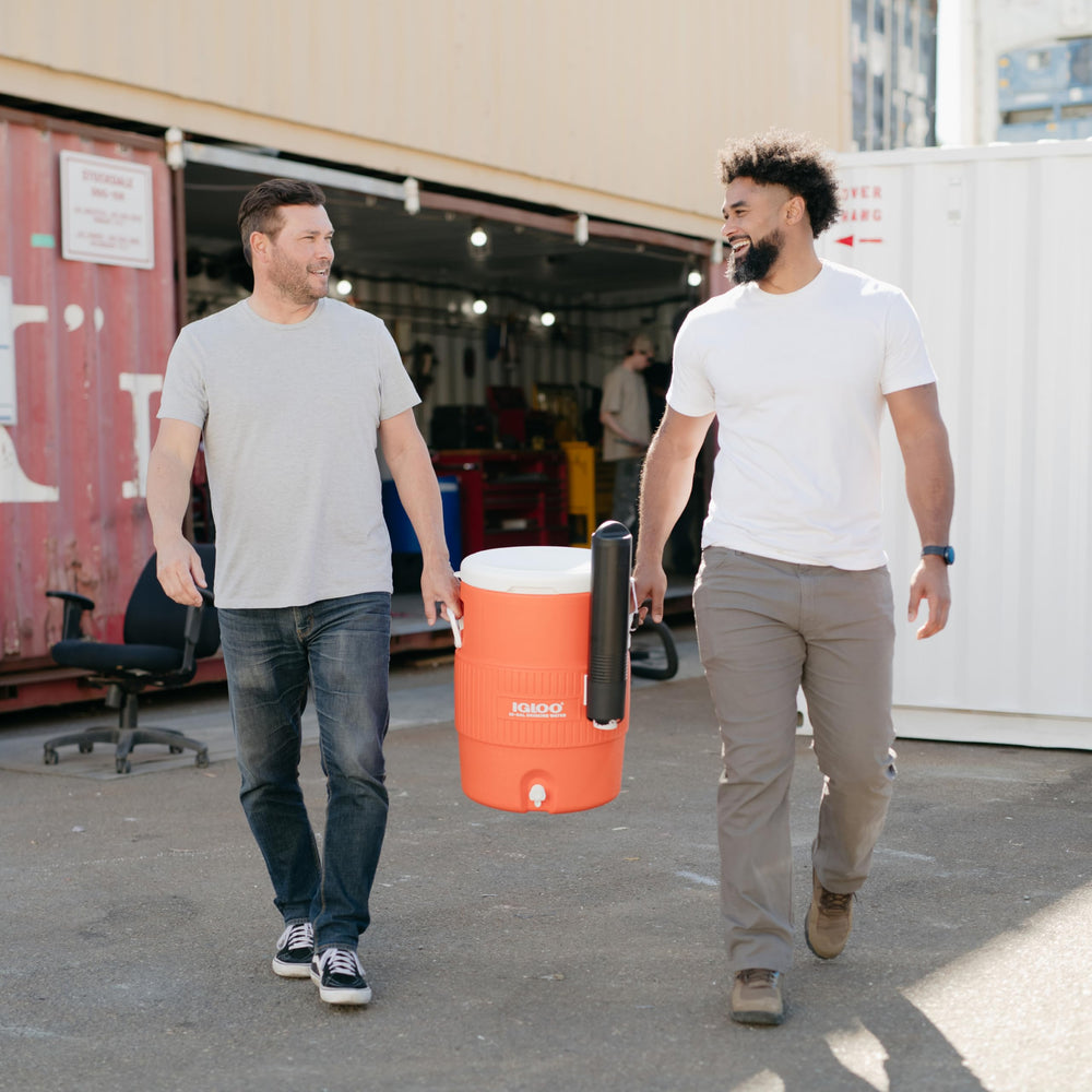Igloo 10 Gal cooler with stackable design for space-saving storage.