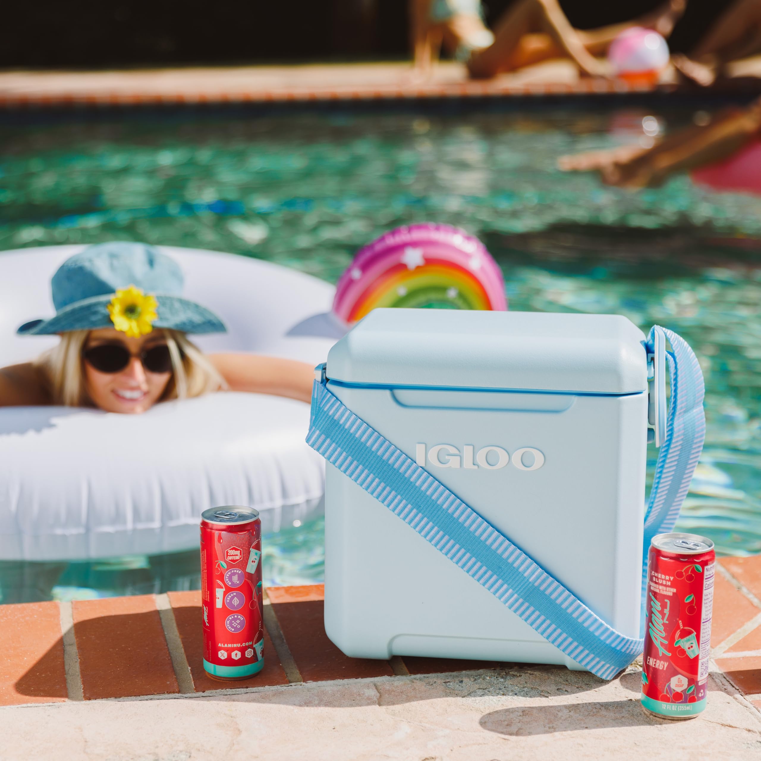 Igloo Tag-Along Too Strapped cooler capacity of 14 cans displayed clearly.