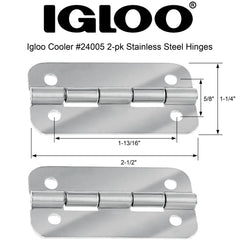 Igloo hinges with 2-1/2 by 1-1/4 inch size ensure smooth lid action.
