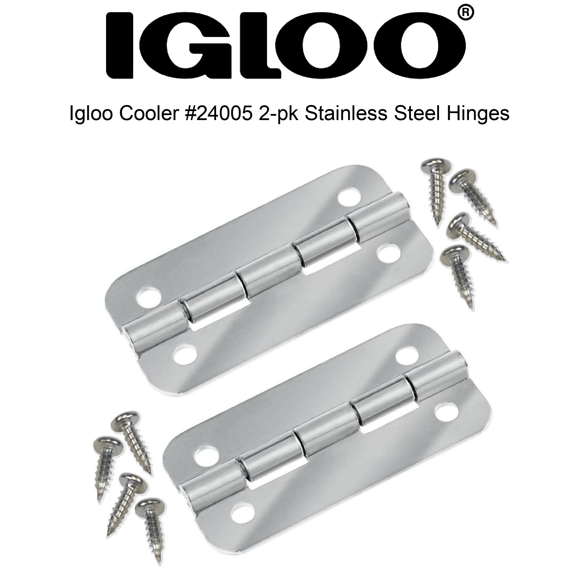 Includes 2 hinges and 8 screws for quick, reliable replacement.