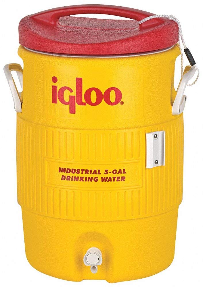 Igloo 5gal yellow-red PlasticInd cooler with drip-resistant spigot for easy dispensing.