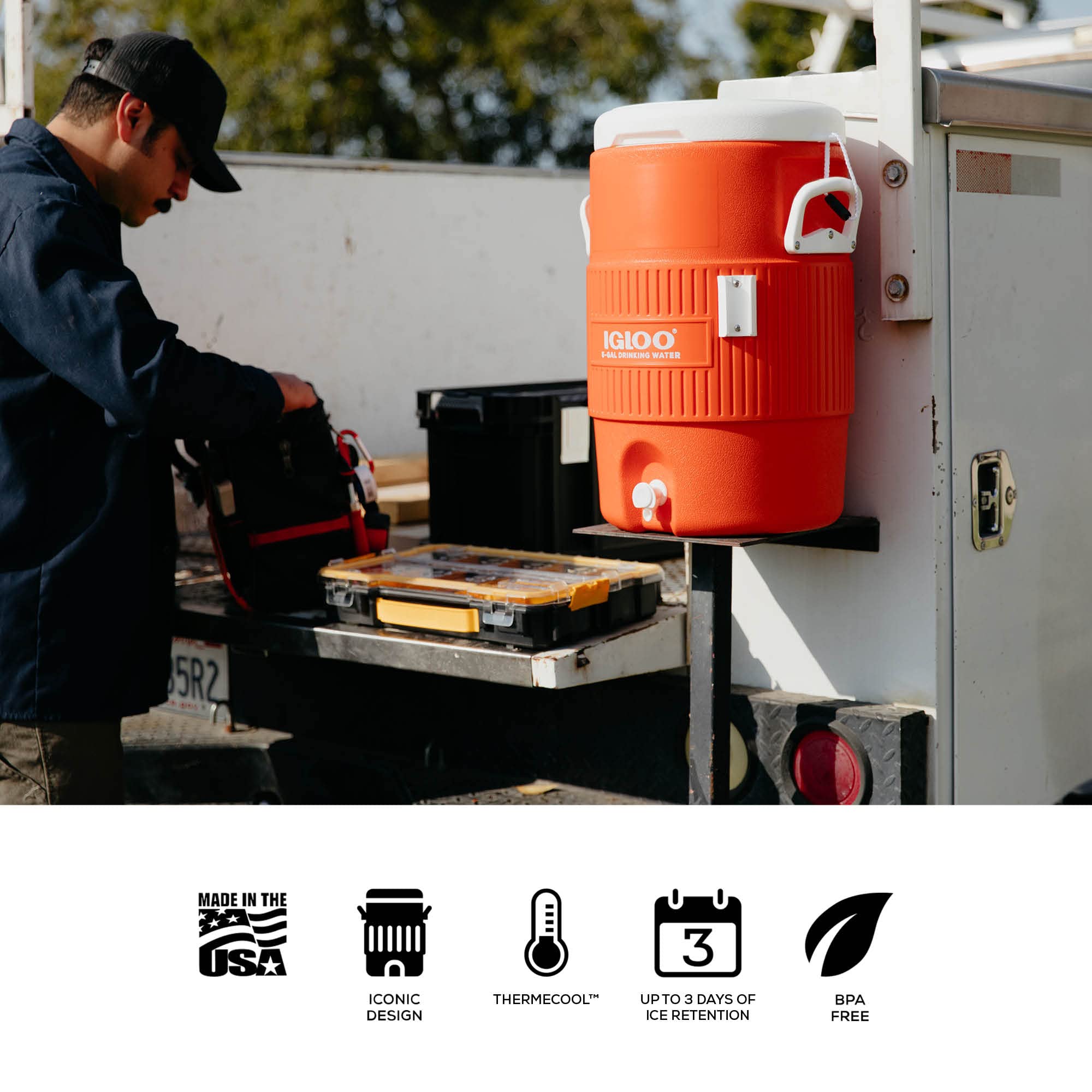 Igloo 5-gallon cooler uses a pressure-fit lid to resist dirt.