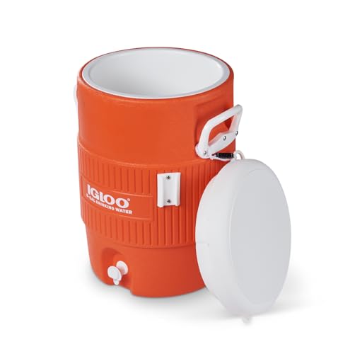 Igloo cooler features reinforced handles for durable outdoor transport.