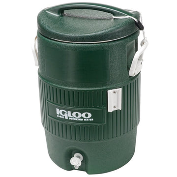 Igloo Beverage Cooler 5 gal green on the job site keeps water cold.