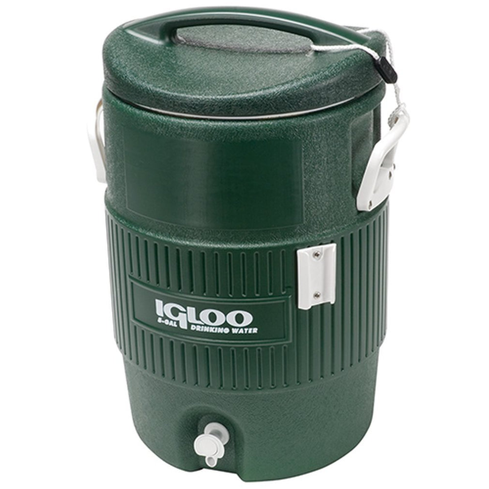 Igloo Beverage Cooler 5 gal green on the job site keeps water cold.