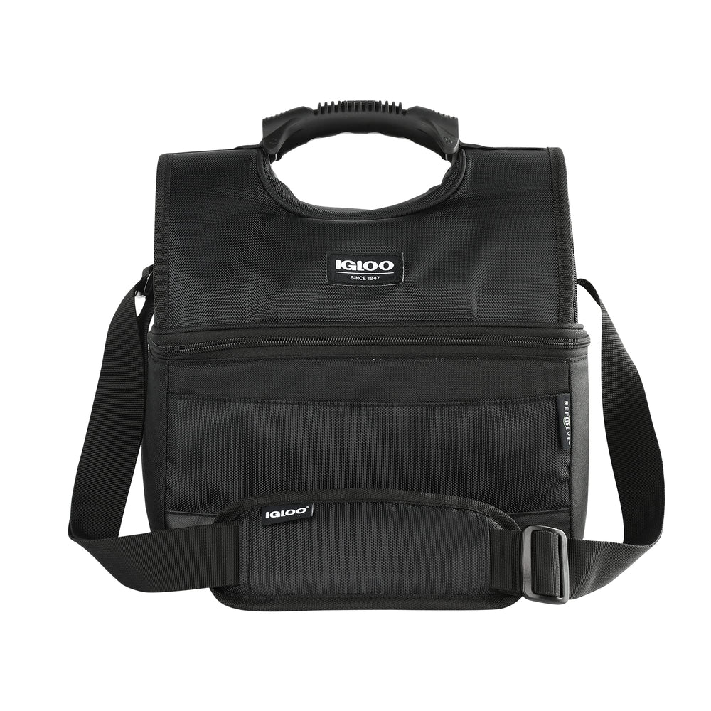 Igloo Black Evergreen 16 Can SoftSided Gripper Bag front view emphasizes portable cooling and rugged exterior.
