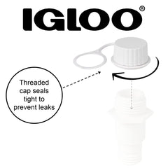 Igloo cooler threaded cap seals to prevent leaks during drainage