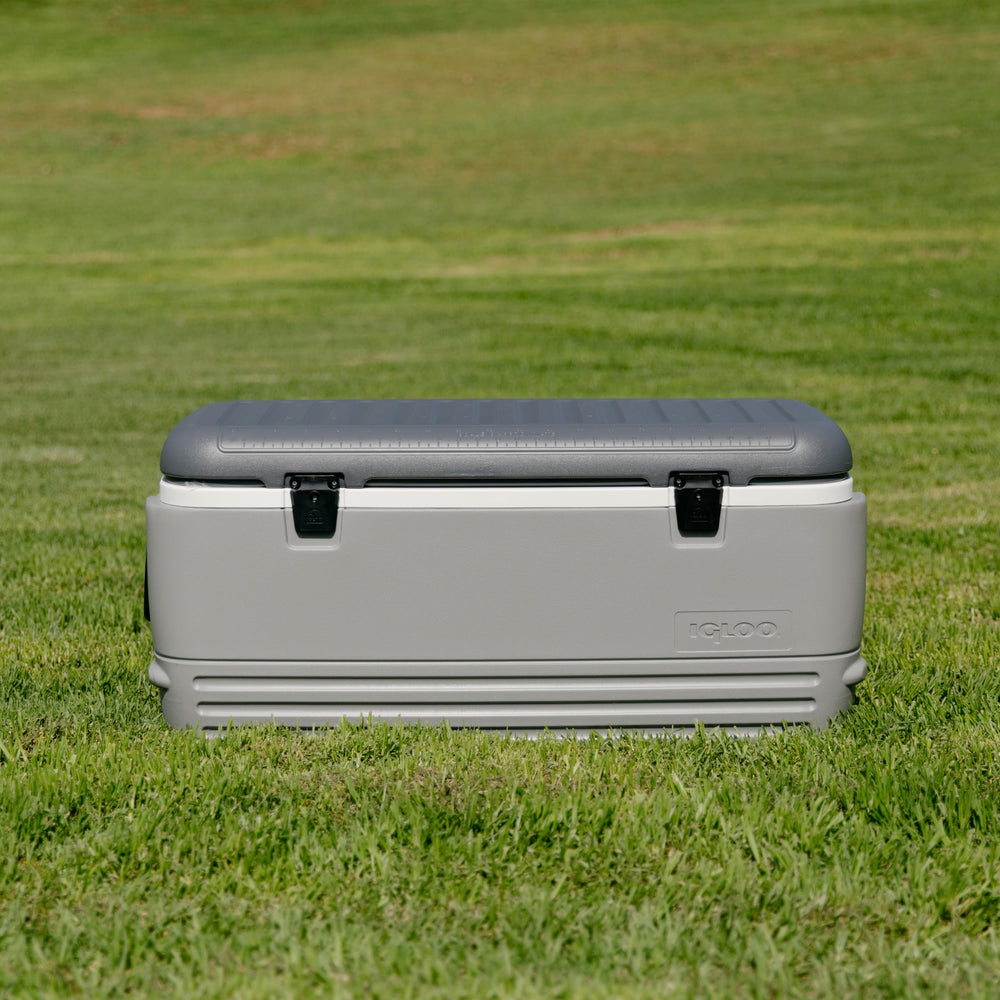 Igloo Gray Polar 120 Qt Cooler drain plug demonstrates hose hookup readiness.