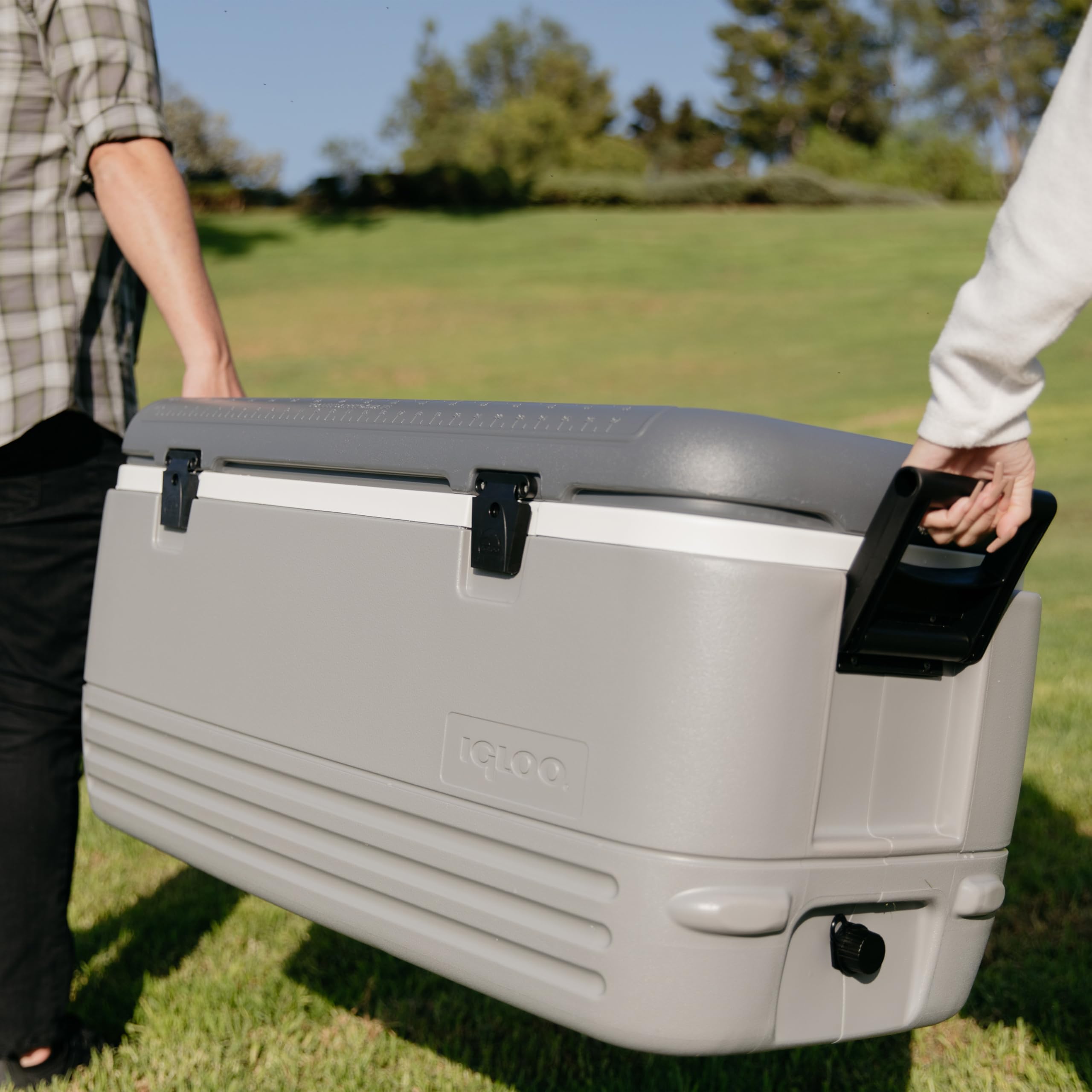 Igloo Gray Polar 120 Qt Cooler dual snap-fit latches keep the lid closed.