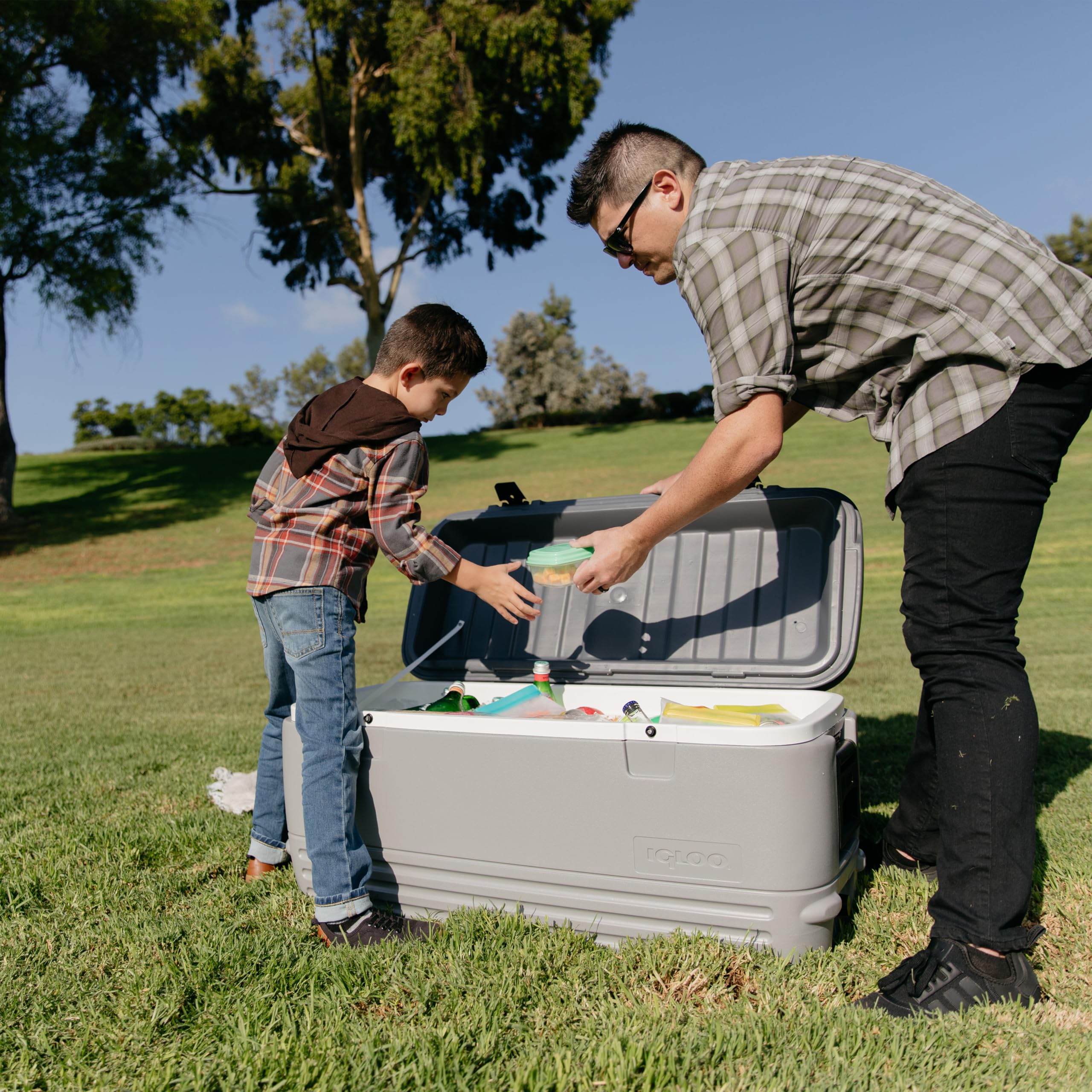 Igloo Gray Polar 120 Qt Cooler reinforced swing-up handles simplify secure transport.