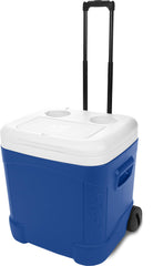 Igloo Ice Cube Wheeled Roller Cooler side view with wheels for effortless transport.