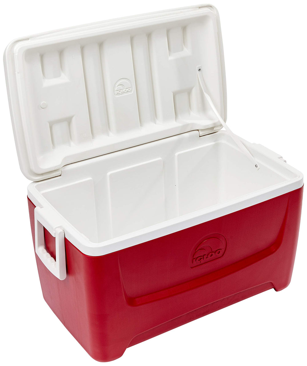 Igloo Island Breeze 48qt cooler with lid open shows organized space for drinks and snacks.