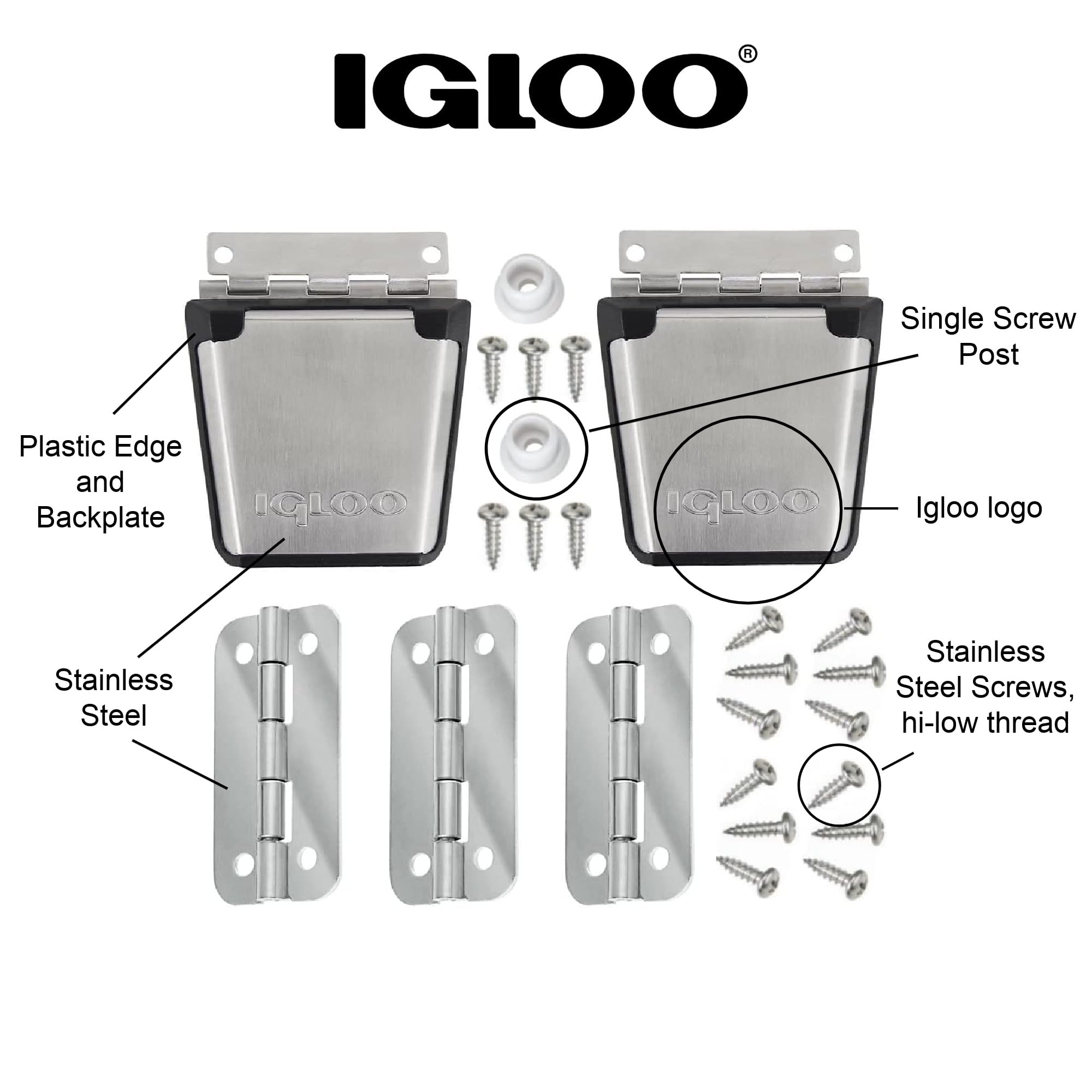 IGLOO latch posts attachment studs detail on cooler, supporting secure one-screw latch integration.