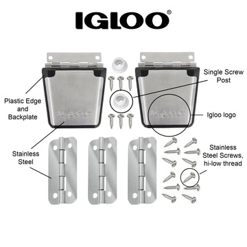 IGLOO latch posts attachment studs detail on cooler, supporting secure one-screw latch integration.