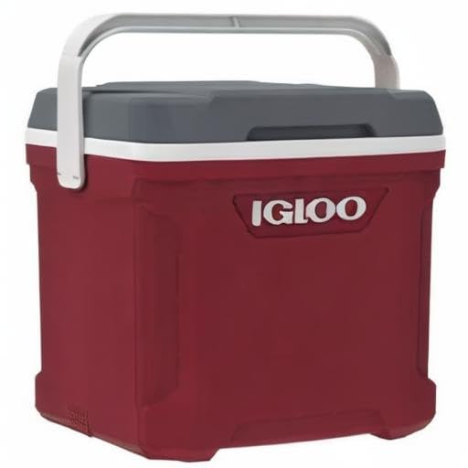 Igloo Latitude 30 meteorite-white cooler, ideal for tall bottles and built-in cup holders.