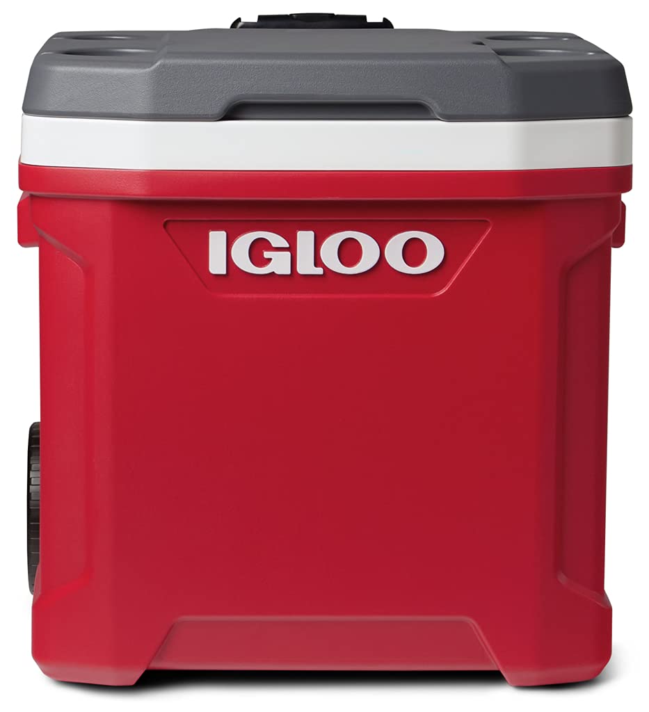 Igloo Latitude 60 Roller Ind Red open lid with built-in cup holders.