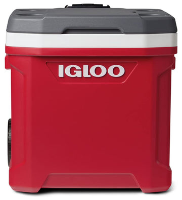 Igloo Latitude 60 Roller Ind Red open lid with built-in cup holders.