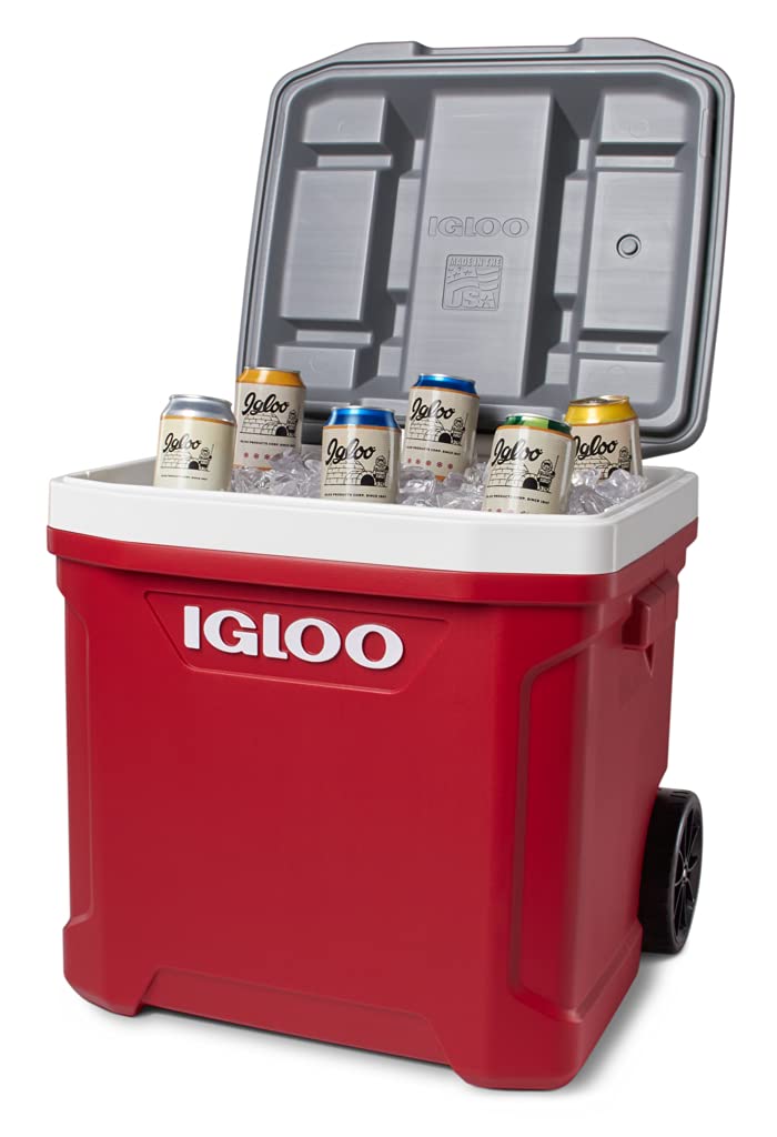 Igloo Latitude 60 Roller Ind Red cooler used as a seat during outdoor activity.