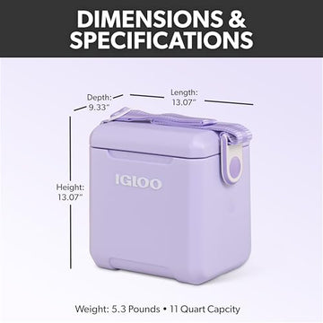 Igloo Lilac Breeze 11 Qt side with strap; hands-free transport on outings.
