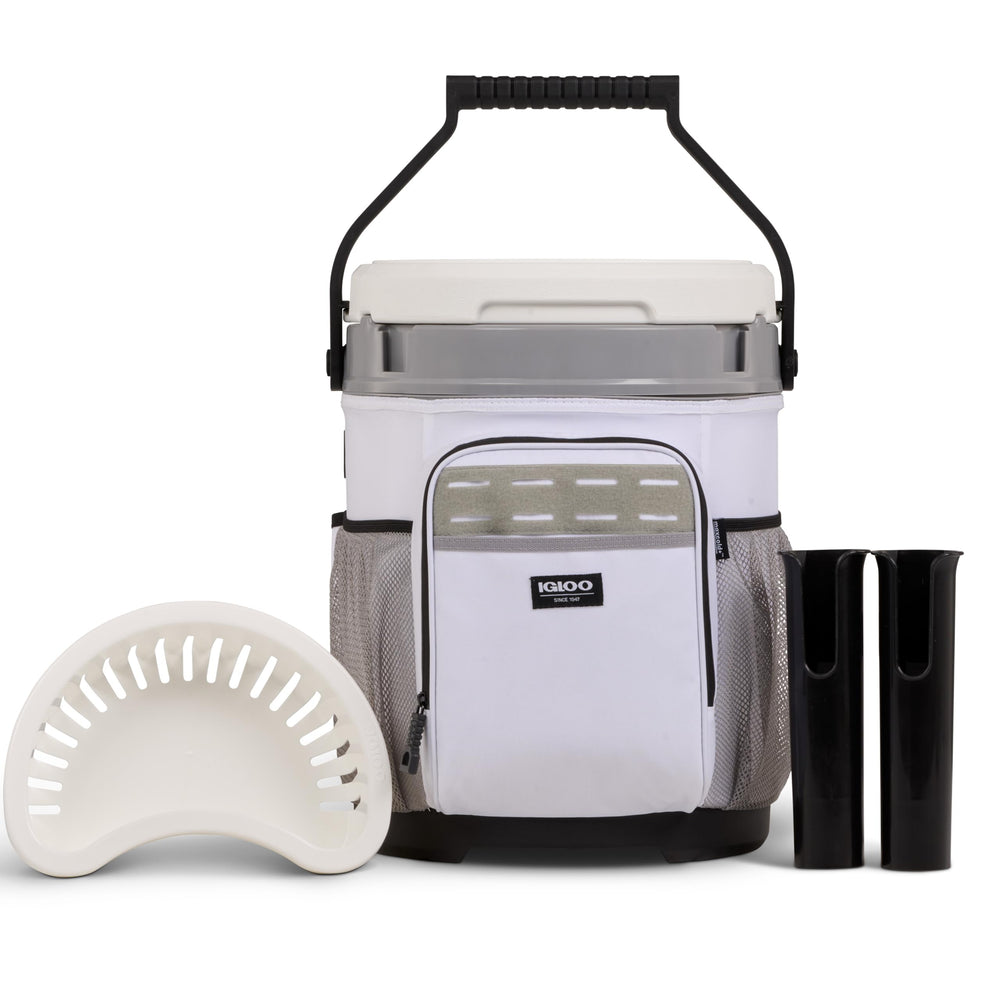 Igloo Marine 20 Qt cooler bucket front view keeps drinks cold on the dock.