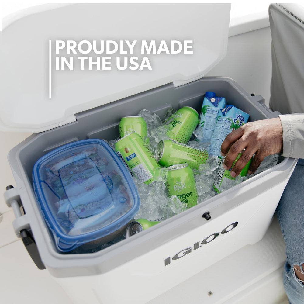 Igloo Marine Ultra Cooler hybrid latch secures lid during rough seas