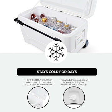 Igloo MaxCold Glide 110qt cooler soft-ride wheels for smooth transport.