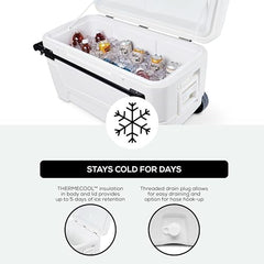 Igloo MaxCold Glide 110qt cooler soft-ride wheels for smooth transport.