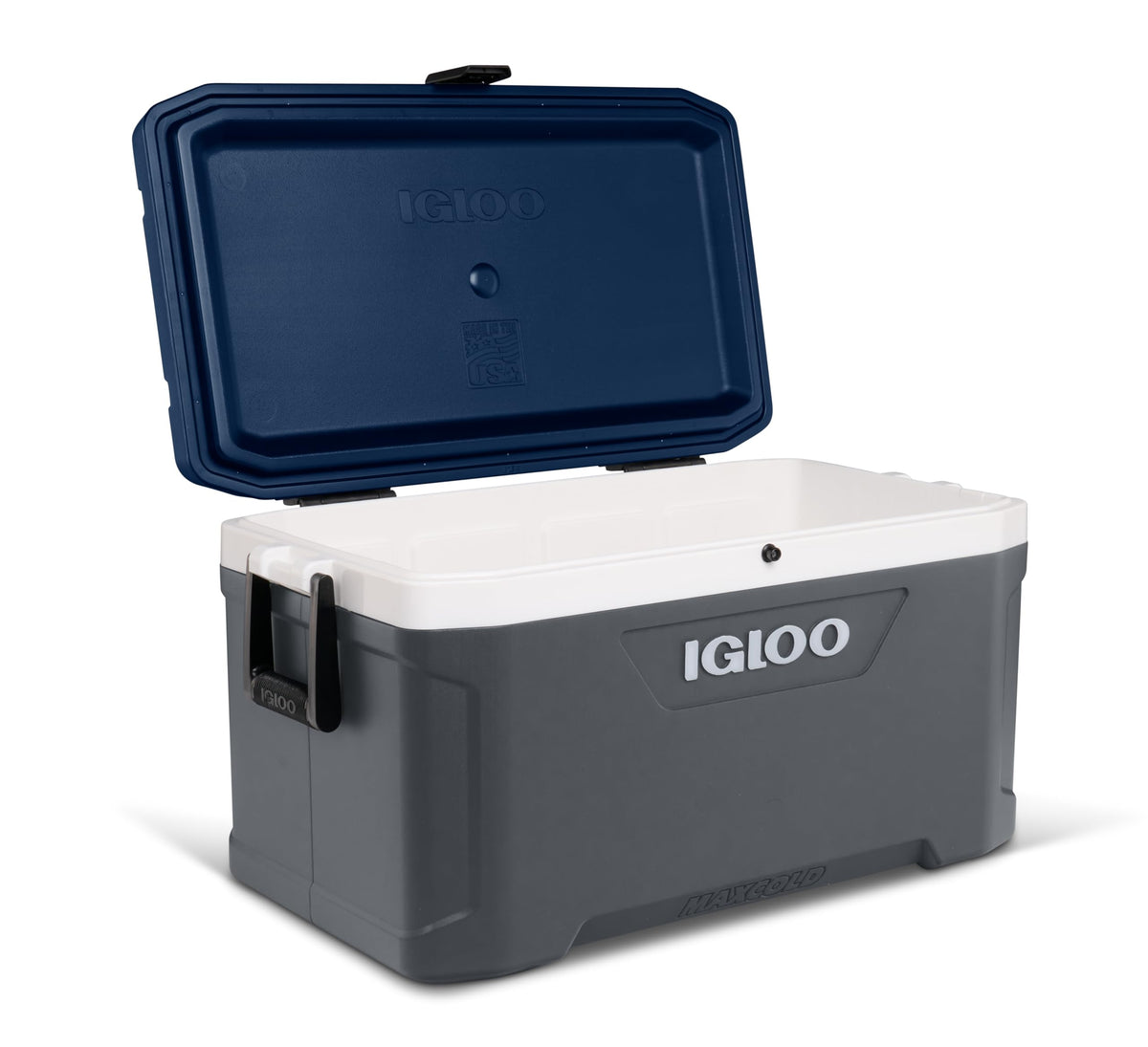 Igloo MaxCold cooler with insulated lid keeps drinks cold during outdoor adventures.