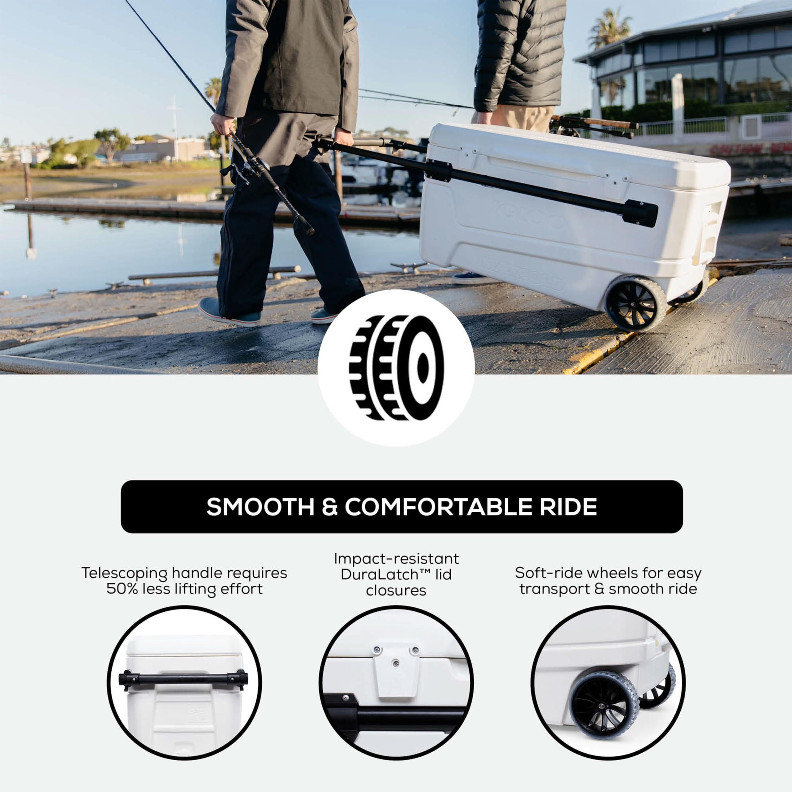 Igloo MaxCold Glide 110qt cooler cushioned grip handle for comfortable towing.