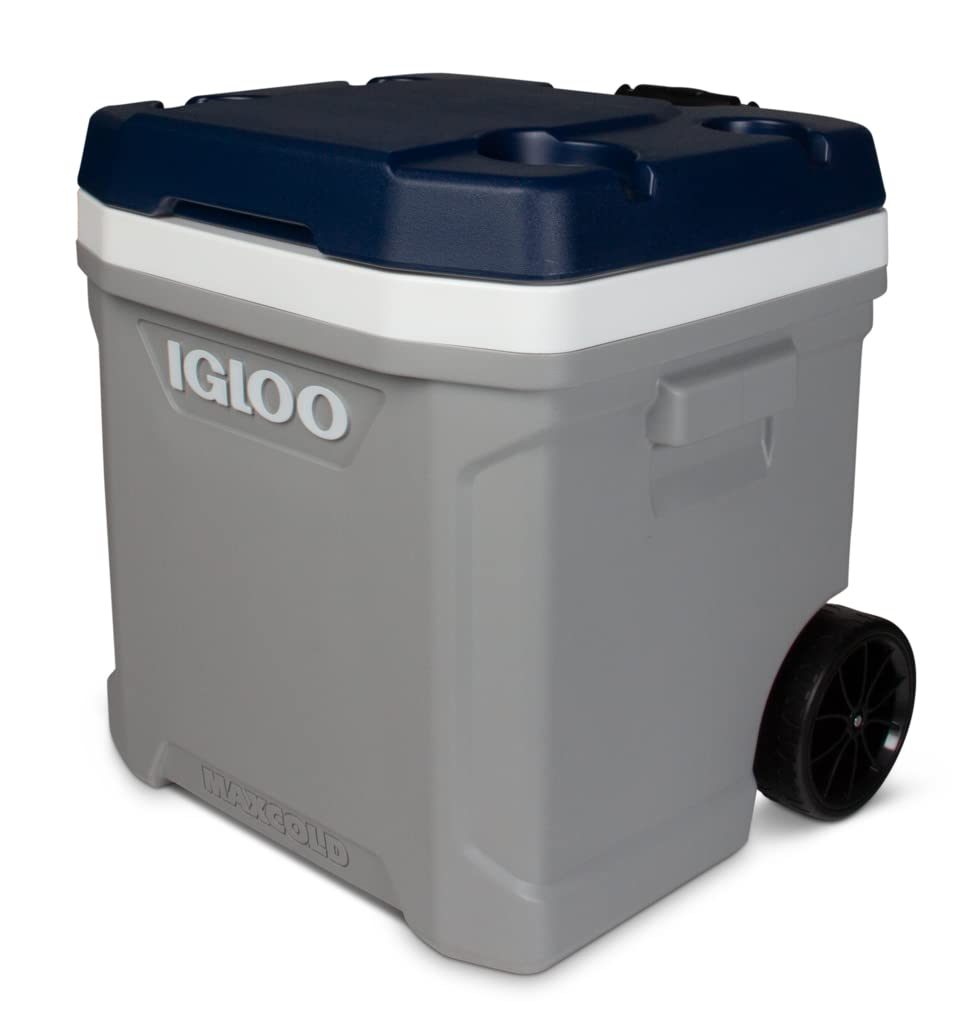 Igloo MaxCold Latitude 62 Qt roller cooler side view highlights transport ease