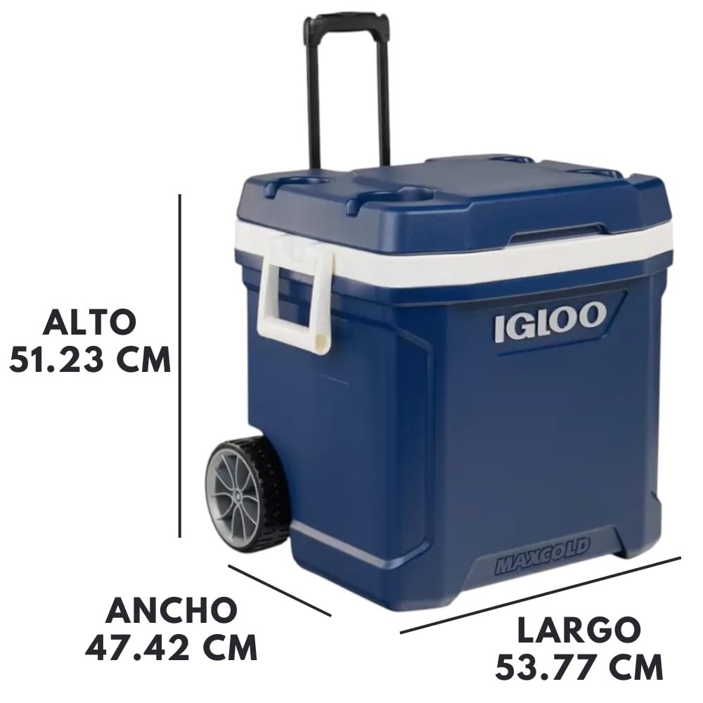 Igloo Maxcold Latitude Roller 62qt side view highlighting oversized wheels for rugged terrain