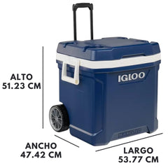 Igloo Maxcold Latitude Roller 62qt side view highlighting oversized wheels for rugged terrain