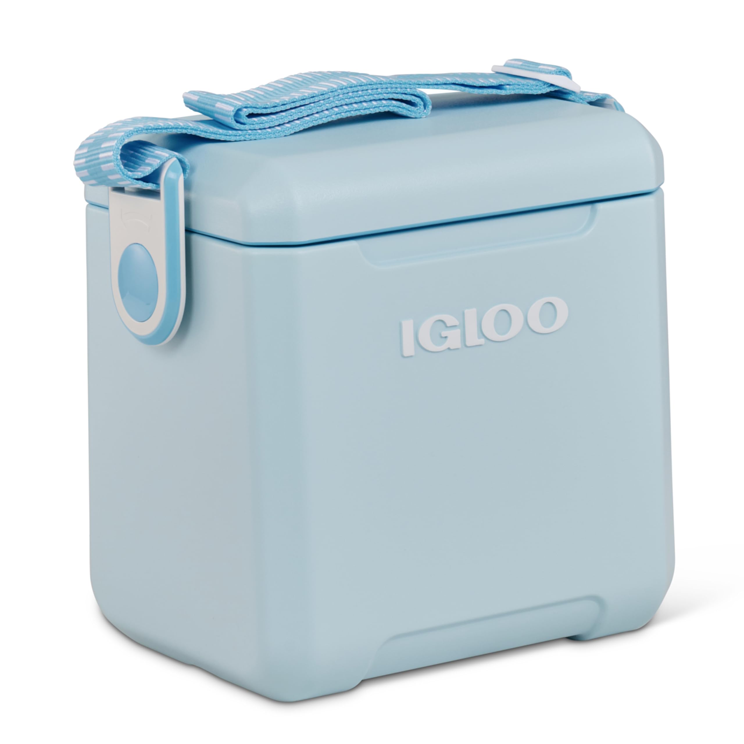 Igloo Tag-Along Too Strapped cooler in powder blue front view, ideal for picnics.