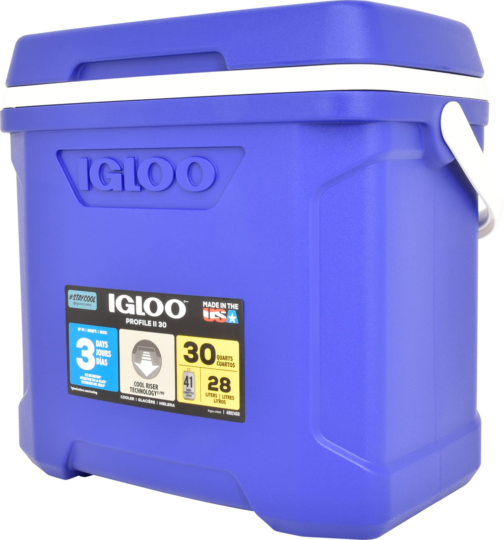 Igloo Profile II 30 Qt Bail cooler blue front view emphasizes portability for outings
