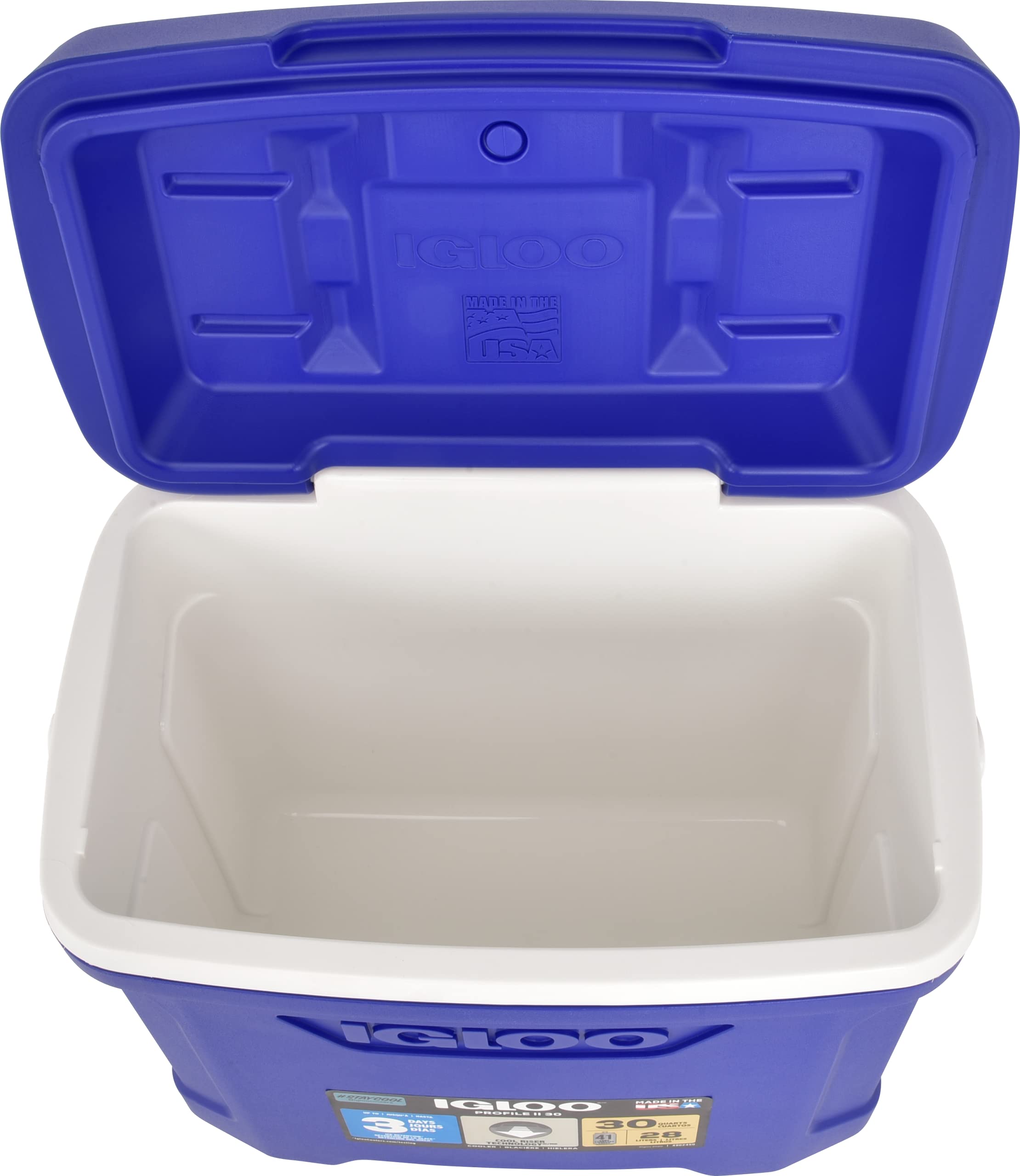 Igloo Profile II 30 Qt Bail cooler blue lid view highlights stackable design for tailgates