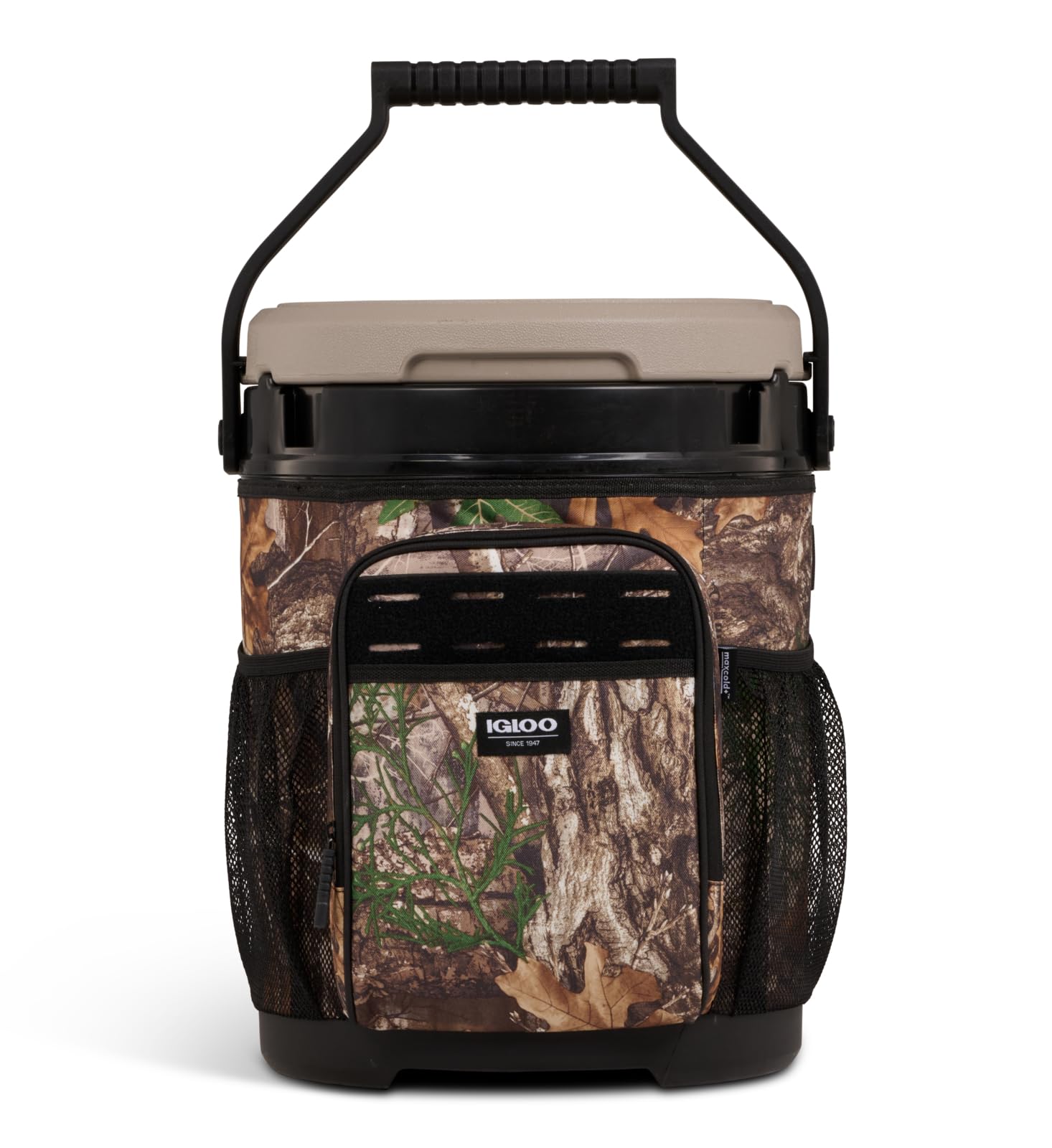 Igloo Realtree 20 Qt Cooler Bucket front view shows rugged outdoor design for adventures.