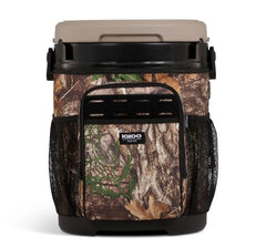 Igloo Realtree 20 Qt Cooler Bucket side view with bottle opener highlights versatile gear setup.