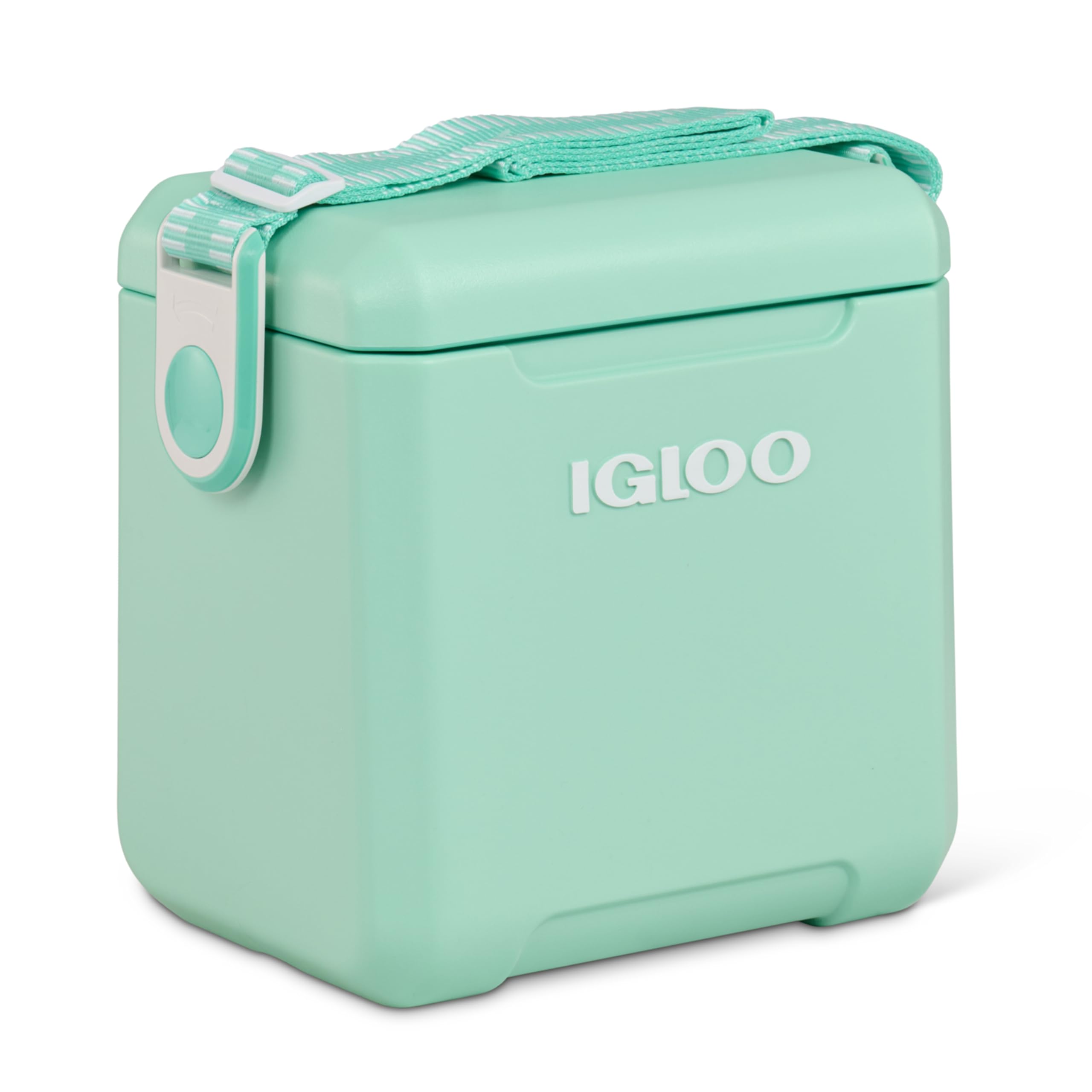 Igloo Tag-Along Too Seafoam cooler with adjustable strap for hands-free transport.