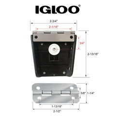 IGLOO stainless steel hinges close-up showing durable corrosion-resistant construction for outdoor use.