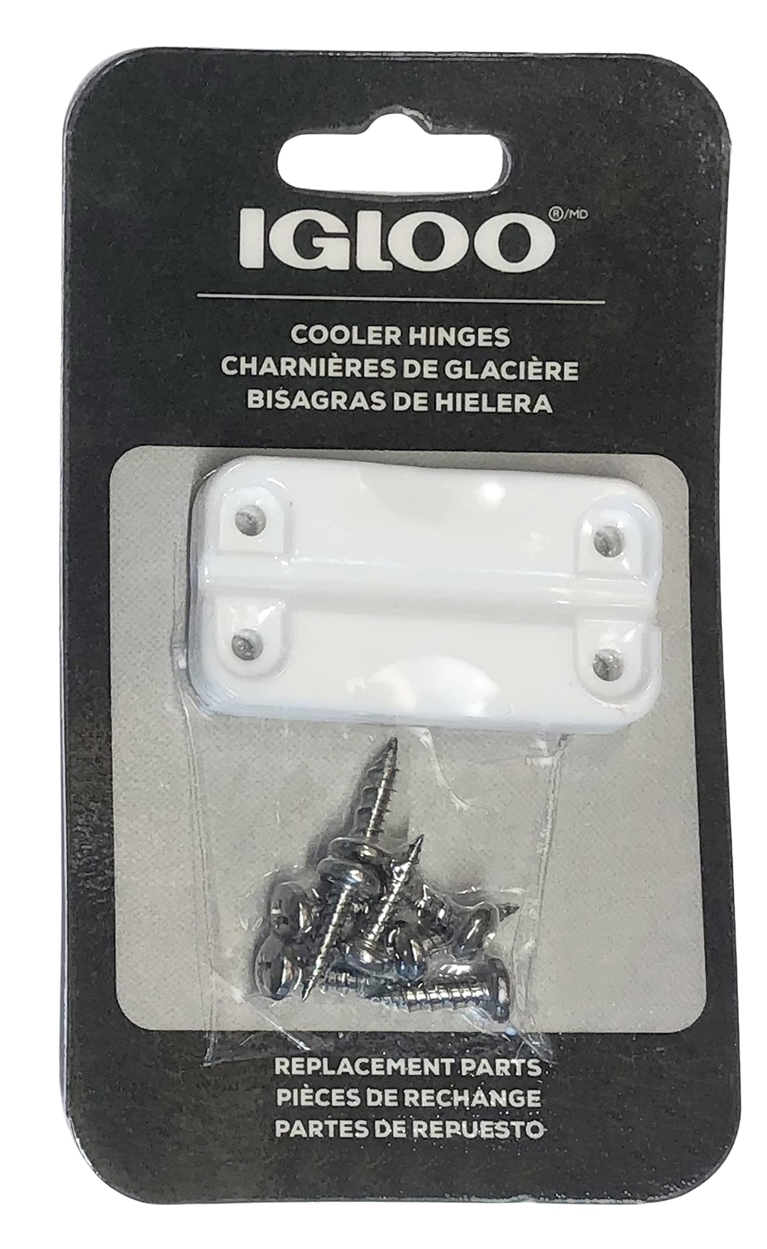 White plastic hinge from Igloo with UV inhibitors for sun protection.