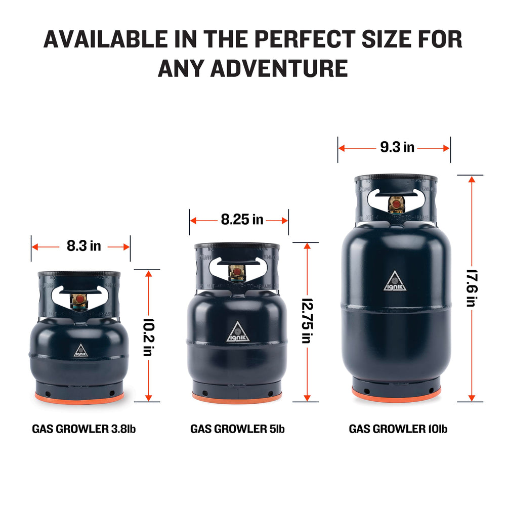 Ignik 10lb blue growler in use at camp stove for outdoor cooking.