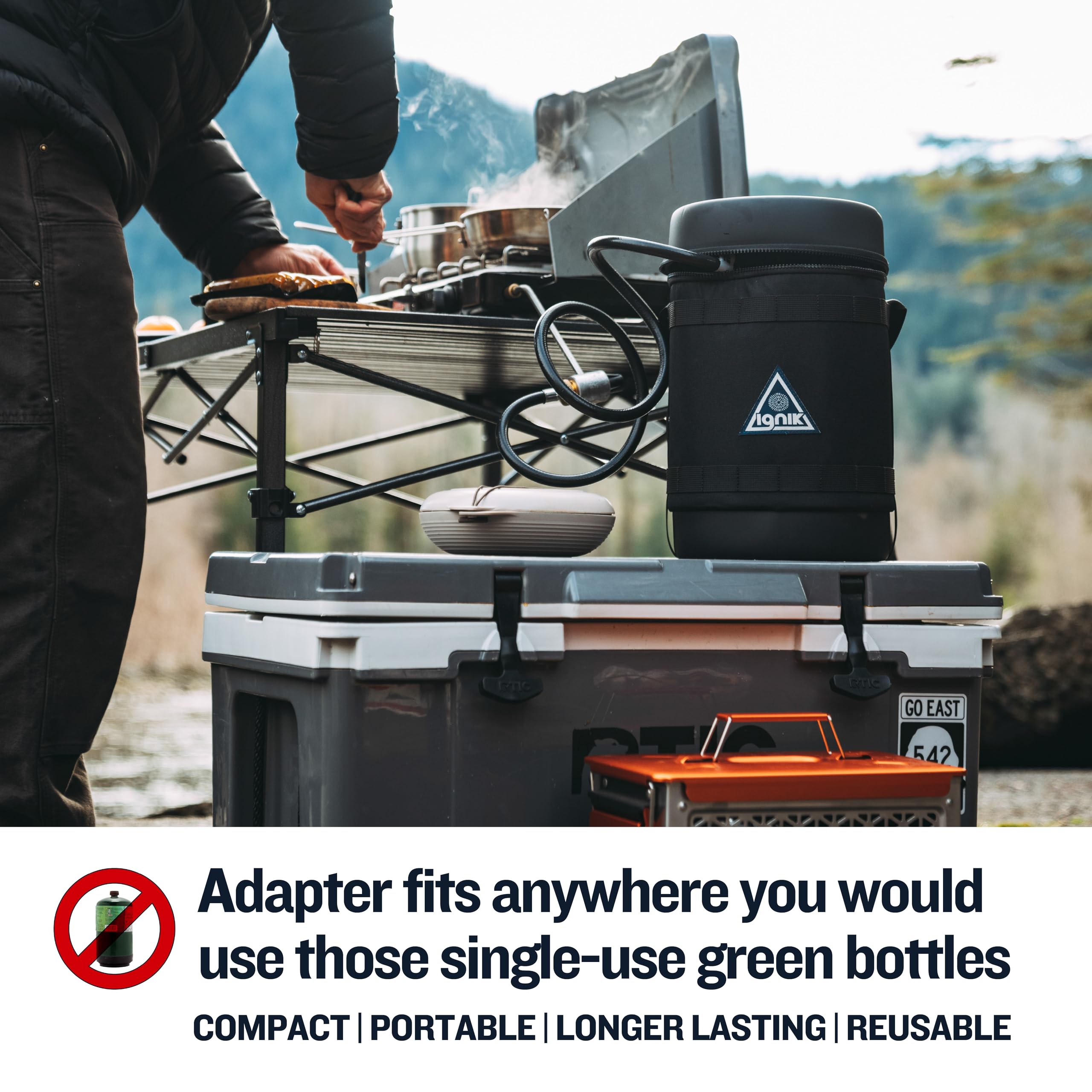 Ignik adapter hose connects to 1-inch 20UNEF stoves for flexible fuel options.