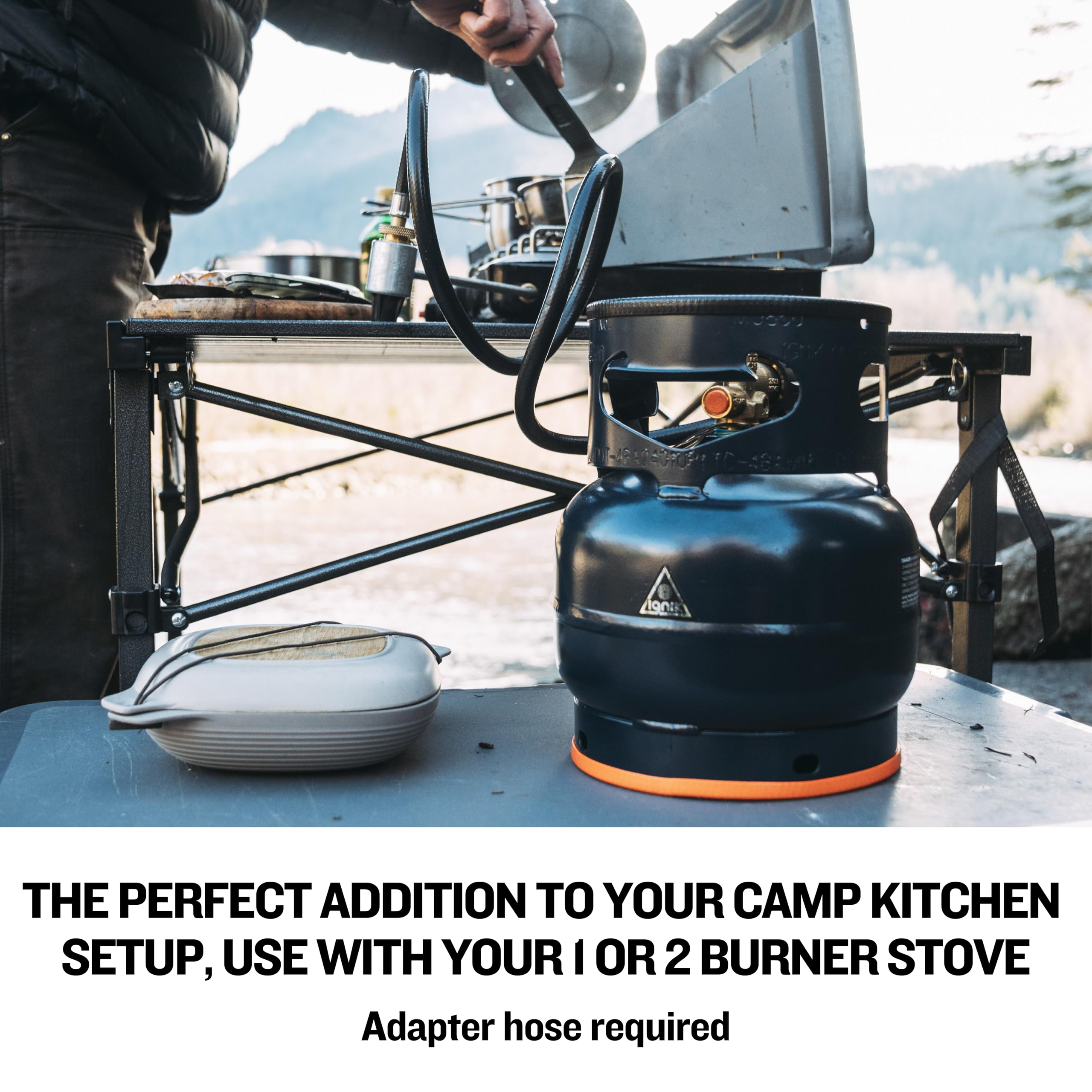 Ignik camping stove with Growler delivering efficient heat for two burners.
