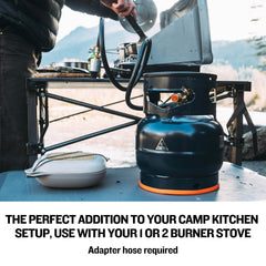 Ignik camping stove with Growler delivering efficient heat for two burners.