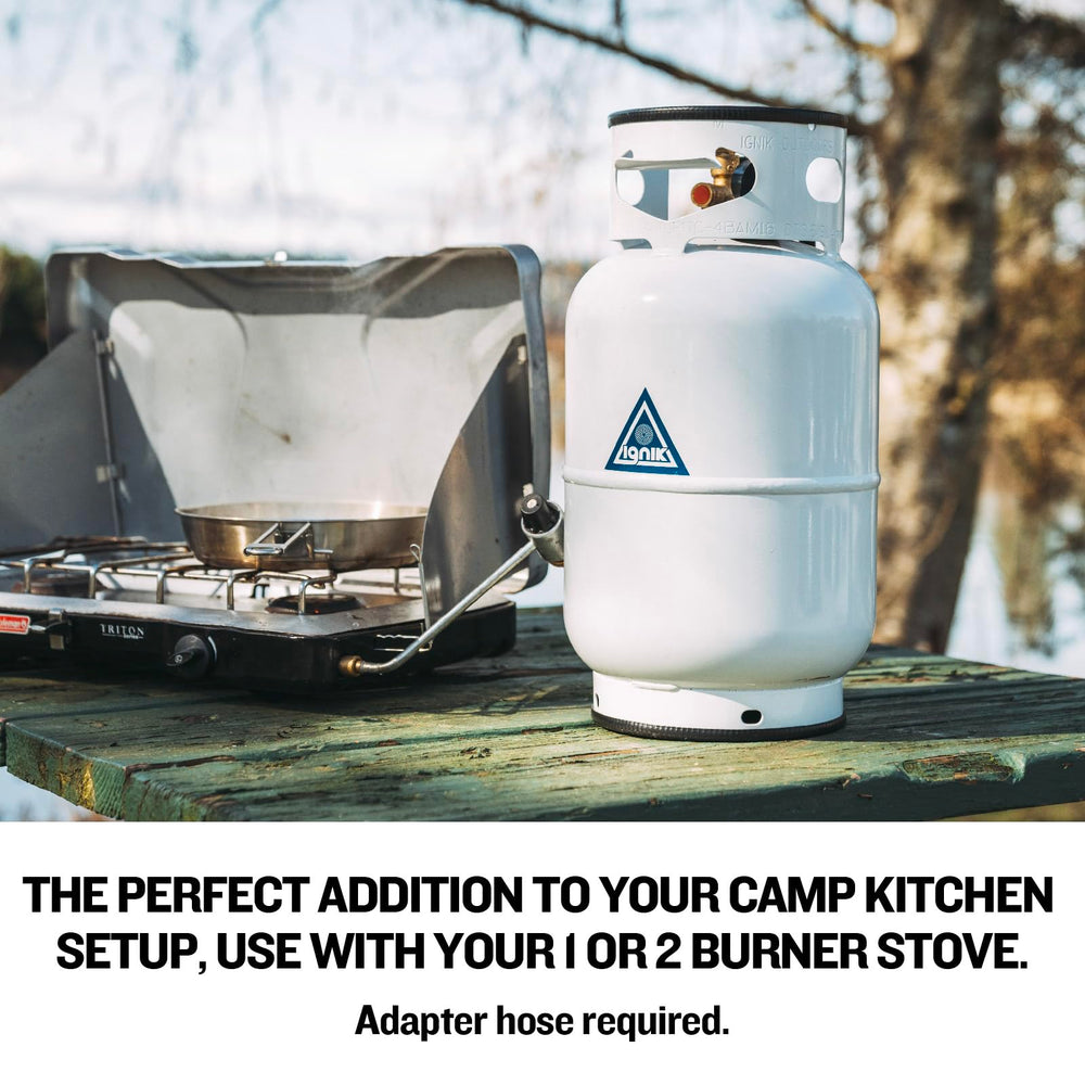 Ignik propane tank 10lb white label detail emphasizing DOT approval and safety.