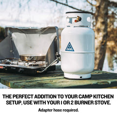 Ignik propane tank 10lb white label detail emphasizing DOT approval and safety.